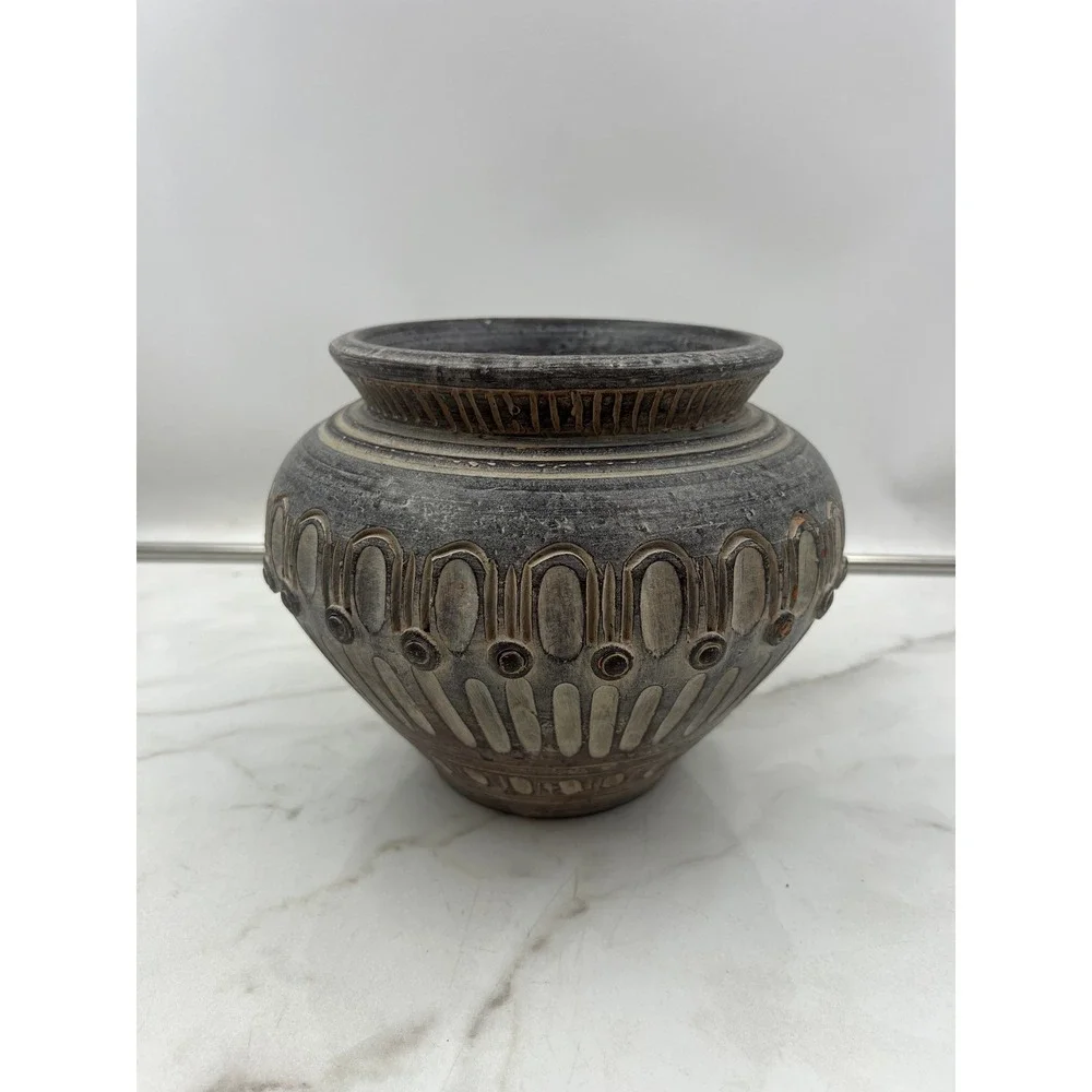 Vintage Thai Hand Carved Pottery Vessel Charcoal Gray Textured Decorative Pot